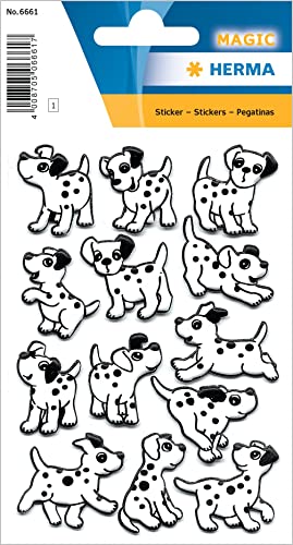 HERMA 6661 Aufkleber Dalmatiner klein groß, 13 Stück, 3D Tiere Sticker mit lustigen Hunde Motiv, Kinder Etiketten für Fotoalbum Tagebuch Poesiealbum Scrapbooking Geburtstag Deko Briefe DIY Basteln von HERMA