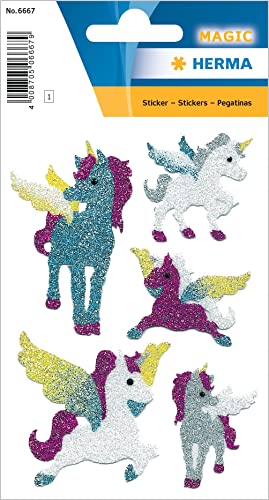 HERMA 6667 Aufkleber Einhorn Glitzer klein groß, 5 Stück, Tiere Sticker mit Flügel Einhörner Motiv, Kinder Etiketten für Fotoalbum Tagebuch Poesiealbum Scrapbooking Geburtstag Deko Briefe DIY Basteln von HERMA