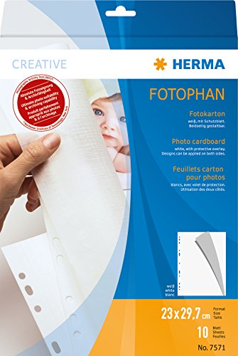 HERMA 7571 Fotokarton weiß, 10 Stück, 23 x 29,7 cm, 220 g/m², Tonkarton zum Abheften mit Pergamin Papier und Eurolochung für Fotos, Bilder, Postkarten, Fotoalbum, Ordner, Ringbuch oder zum Basteln von HERMA