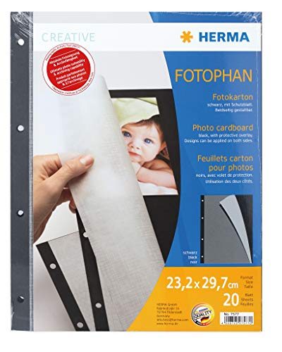 HERMA 7577 Fotokarton schwarz, 20 Stück, 23 x 29,7 cm, 220 g/m², Tonkarton zum Abheften mit Pergamin Papier und Eurolochung für Fotos, Bilder, Postkarten, Fotoalbum, Ordner, Ringbuch oder zum Basteln von HERMA