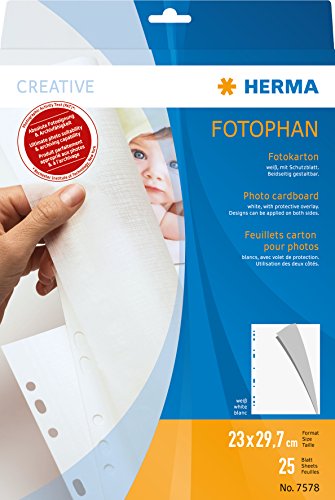 HERMA 7578 Fotokarton weiß, 25 Stück, 23 x 29,7 cm, 220 g/m², Tonkarton zum Abheften mit Pergamin Papier und Eurolochung für Fotos, Bilder, Postkarten, Fotoalbum, Ordner, Ringbuch oder zum Basteln von HERMA