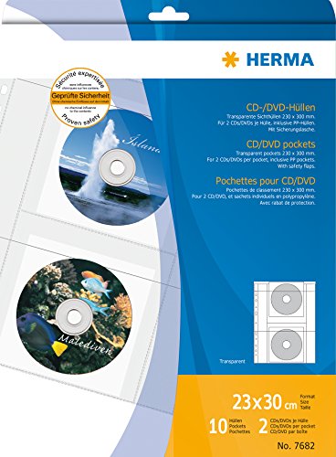 HERMA 7682 DVD CD Hüllen transparent, Kunststoff (für max. 20 CD DVD, 2 Stück je Hülle) 10 Sichthüllen DIN A4, mit Sicherungslasche u. Eurolochung, für Ringbücher oder Ordner von HERMA