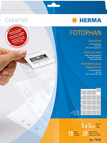 HERMA 7698 Diahüllen für gerahmte Dias, 10 Stück, 5x5 cm, 20 Fächer geteilt, klar/matt, beidseitig sichtbar, Fotophan Fotosichthüllen Sammelhüllen mit Eurolochung zur Dia-Archivierung, transparent von HERMA