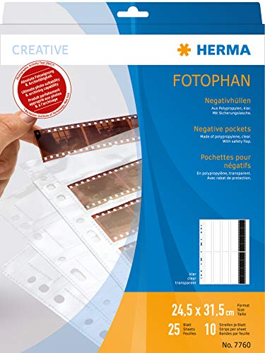HERMA 7760 Negativhüllen 35mm für Ordner, 25 Stück je 10 Kleinbild Streifen à 4 Bilder, Negativarchivierungshüllen für Kleinbildnegative mit Eurolochung und Sicherheitslasche, transparent von HERMA