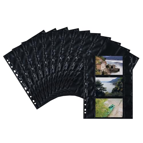 HERMA 7784 Fotohüllen für Ordner, 10 Stück, 9x13 cm quer, 3 Fächer geteilt, beidseitig bestückbare Fotophan Fotosichthüllen Sammelhüllen Postkartenhüllen Prospekthüllen mit Eurolochung, schwarz von HERMA