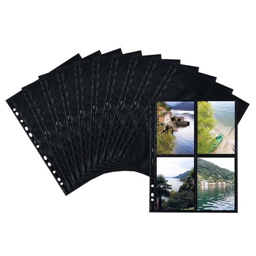 HERMA 7785 Fotohüllen für Ordner, 10 Stück, 10x15 cm, 4 Fächer geteilt, beidseitig bestückbare Fotophan Fotosichthüllen Sammelhüllen Postkartenhüllen Prospekthüllen mit Eurolochung, schwarz von HERMA