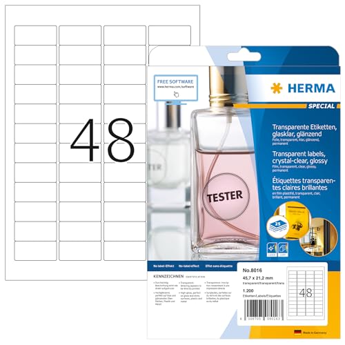 HERMA 8016 Wetterfeste Folienetiketten transparent, 800 Blatt, 45,7 x 21,2 mm, 48 pro A4 Bogen, 38400 Stück, selbstklebend, bedruckbar, glänzend, Klebeetiketten Aufkleber aus Folie, durchsichtig HERMA 8016 Wetterfeste Folienetiketten transparent, 800 Blatt, 45,7 x 21,2 mm, 48 pro A4 Bogen, 38400 Stück, selbstklebend, bedruckbar, glänzend, Klebeetiketten Aufkleber aus Folie, durchsichtig von HERMA
