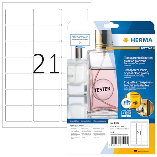 HERMA 8017 Wetterfeste Folienetiketten transparent, 25 Blatt, 63,5 x 38,1 mm, 21 pro A4 Bogen, 525 Stück, selbstklebend, bedruckbar, glänzend, blanko Klebeetiketten Aufkleber aus Folie, durchsichtig von HERMA