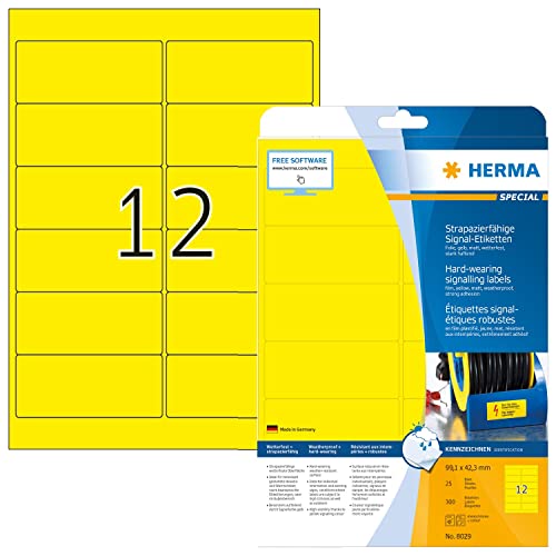 HERMA 8029 Wetterfeste Folienetiketten, 25 Blatt, 99,1 x 42,3 mm, 12 pro A4 Bogen, 300 Stück, selbstklebend, bedruckbar, matt, blanko Outdoor Signal-Etiketten Aufkleber aus Folie, gelb von HERMA