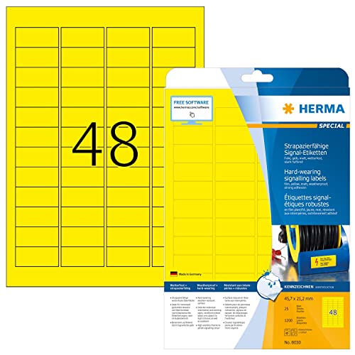 HERMA 8030 Wetterfeste Folienetiketten, 25 Blatt, 45,7 x 21,2 mm, 48 pro A4 Bogen, 1200 Stück, selbstklebend, bedruckbar, matt, blanko Outdoor Signal-Etiketten Aufkleber aus Folie, gelb von HERMA