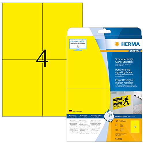 HERMA 8032 Wetterfeste Folienetiketten, 25 Blatt, 105 x 148 mm, 4 pro A4 Bogen, 100 Stück, selbstklebend, bedruckbar, matt, blanko Outdoor Signal-Etiketten Aufkleber aus Folie, gelb von HERMA