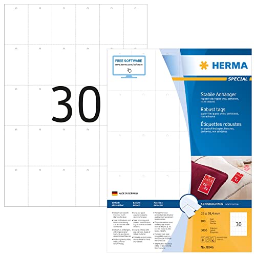 HERMA 8046 Stabile Anhänger perforiert, 100 Blatt, 35 x 59,4 mm, 30 pro A4 Bogen, 3000 Stück, bedruckbar, matt, blanko Preisanhänger Produktanhänger aus Papier/Folie/Papier-Verbund, weiß von HERMA