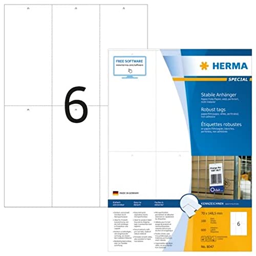 HERMA 8047 Stabile Anhänger perforiert, 100 Blatt, 70 x 148,5 mm, 6 pro A4 Bogen, 600 Stück, bedruckbar, matt, blanko Preisanhänger Produktanhänger aus Papier/Folie/Papier-Verbund, weiß von HERMA