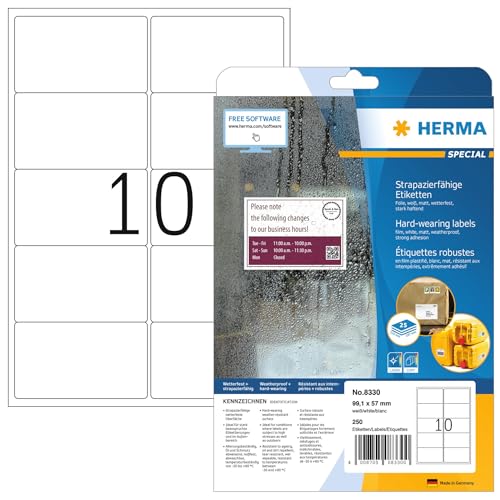 HERMA 8330 Wetterfeste Versandetiketten, 800 Blatt, 99,1 x 57 mm, 10 pro A4 Bogen, 8000 Stück, selbstklebend, bedruckbar, matt, blanko Adressetiketten Aufkleber aus Folie, weiß HERMA 8330 Wetterfeste Versandetiketten, 800 Blatt, 99,1 x 57 mm, 10 pro A4 Bogen, 8000 Stück, selbstklebend, bedruckbar, matt, blanko Adressetiketten Aufkleber aus Folie, weiß von HERMA