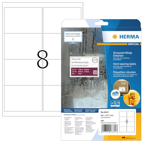 HERMA 8331 Wetterfeste Versandetiketten, 25 Blatt, 99,1 x 67,7 mm, 8 pro A4 Bogen, 200 Stück, selbstklebend, bedruckbar, matt, blanko Adressetiketten Aufkleber aus Folie, weiß von HERMA