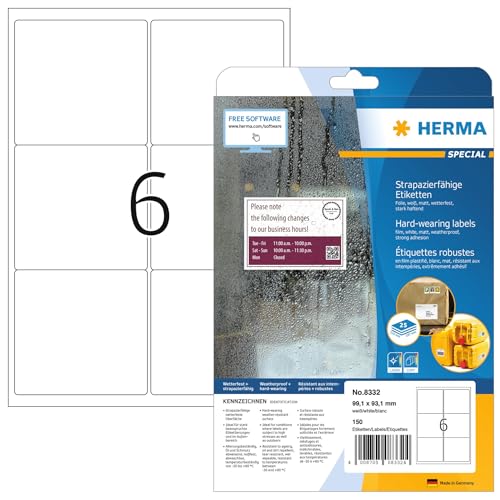 HERMA 8332 Wetterfeste Versandetiketten, 800 Blatt, 99,1 x 93,1 mm, 6 pro A4 Bogen, 4800 Stück, selbstklebend, bedruckbar, matt, blanko Adressetiketten Aufkleber aus Folie, weiß von HERMA