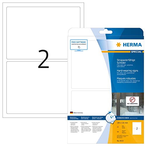 HERMA 8333 Wetterfeste Folienetiketten, 800 Blatt, 190 x 135 mm, 2 pro A4 Bogen, 1600 Stück, selbstklebend, bedruckbar, matt, blanko Klebeetiketten Aufkleber aus Folie, weiß von HERMA