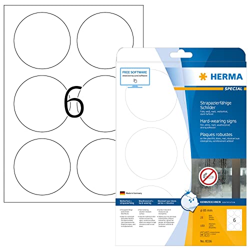HERMA 8336 Wetterfeste Folienetiketten rund, 800 Blatt, Ø 85 mm, 6 pro A4 Bogen, 4800 Stück, selbstklebend, bedruckbar, matt, blanko Klebeetiketten Aufkleber aus Folie, weiß von HERMA
