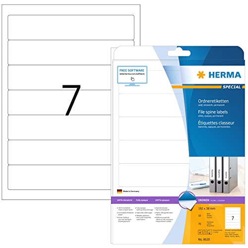 HERMA 8620 Ordnerrücken Etiketten kurz schmal, 10 Blatt, 192 x 38 mm, 7 pro A4 Bogen, 70 Stück, selbstklebend, bedruckbar, blickdicht, blanko Papier Ordneretiketten Rückenschilder Aufkleber, weiß von HERMA