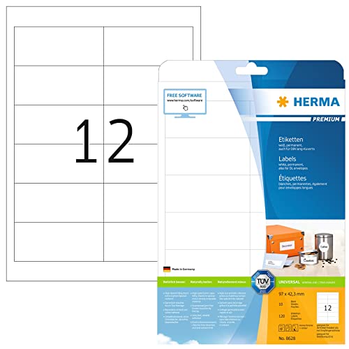 HERMA 8628 Universal Etiketten, 320 Blatt, 97 x 42,3 mm, 12 pro A4 Bogen, 3840 Stück, selbstklebend, bedruckbar, matt, blanko Papier Klebeetiketten Aufkleber, weiß von HERMA