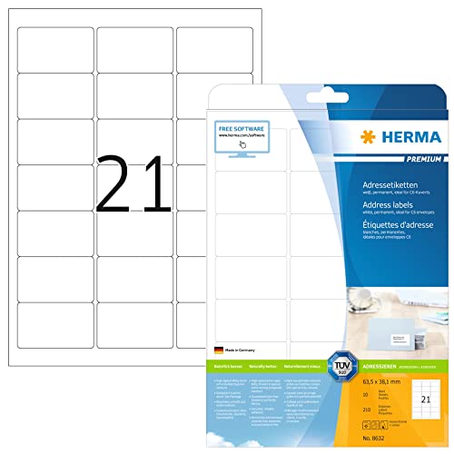 HERMA 8632 Adressetiketten, 320 Blatt, 63,5 x 38,1 mm, 21 pro A4 Bogen, 6720 Stück, selbstklebend, bedruckbar, matt, blanko Papier Adressaufkleber Etiketten, weiß HERMA 8632 Adressetiketten, 320 Blatt, 63,5 x 38,1 mm, 21 pro A4 Bogen, 6720 Stück, selbstklebend, bedruckbar, matt, blanko Papier Adressaufkleber Etiketten, weiß von HERMA