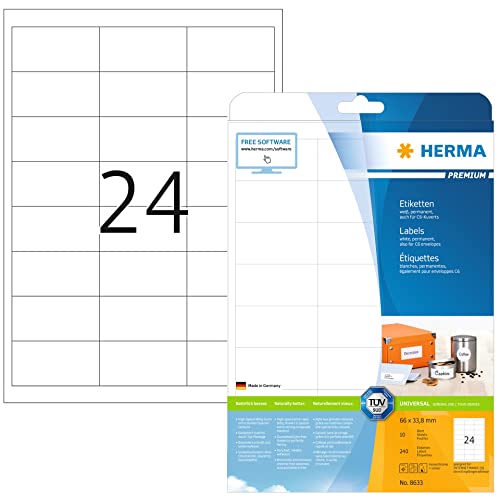 HERMA 8633 Adressetiketten, 10 Blatt, 66 x 33,8 mm, 24 pro A4 Bogen, 240 Stück, selbstklebend, bedruckbar, matt, blanko Papier Adressaufkleber Etiketten, weiß von HERMA