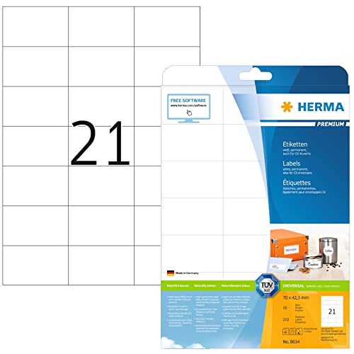 HERMA 8634 Adressetiketten, 320 Blatt, 70 x 42,3 mm, 21 pro A4 Bogen, 6720 Stück, selbstklebend, bedruckbar, matt, blanko Papier Adressaufkleber Etiketten, weiß von HERMA