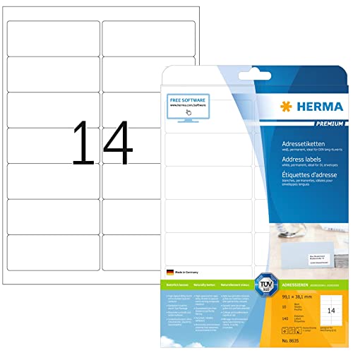 HERMA 8635 Universal Etiketten, 10 Blatt, 99,1 x 38,1 mm, 14 pro A4 Bogen, 140 Stück, selbstklebend, bedruckbar, matt, blanko Papier Klebeetiketten Aufkleber, weiß von HERMA