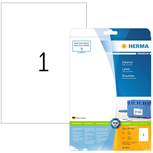 HERMA 8637 Universal Etiketten, 320 Blatt, 210 x 297 mm, 1 pro A4 Bogen, 320 Stück, selbstklebend, bedruckbar, matt, blanko Papier Klebeetiketten Aufkleber, weiß von HERMA