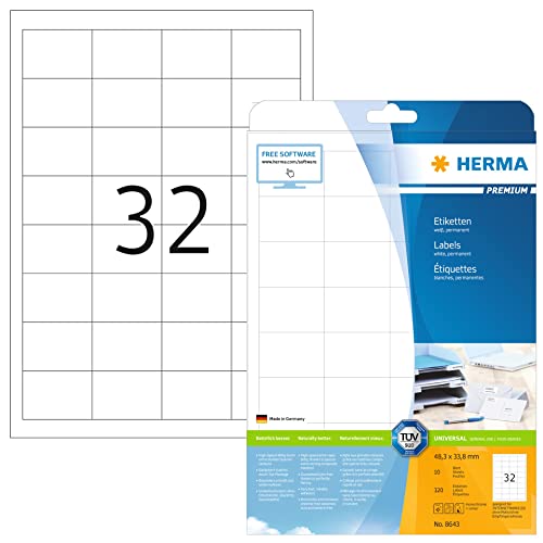 HERMA 8643 Universal Etiketten, 320 Blatt, 48,3 x 33,8 mm, 32 pro A4 Bogen, 10240 Stück, selbstklebend, bedruckbar, matt, blanko Papier Klebeetiketten Aufkleber, weiß von HERMA