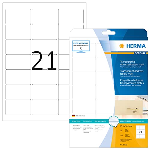 HERMA 8670 Wetterfeste Folienetiketten transparent, 800 Blatt, 63,5 x 38,1 mm, 21 pro A4 Bogen, 16800 Stück, selbstklebend, bedruckbar, matt, blanko Klebeetiketten Aufkleber aus Folie, durchsichtig HERMA 8670 Wetterfeste Folienetiketten transparent, 800 Blatt, 63,5 x 38,1 mm, 21 pro A4 Bogen, 16800 Stück, selbstklebend, bedruckbar, matt, blanko Klebeetiketten Aufkleber aus Folie, durchsichtig von HERMA