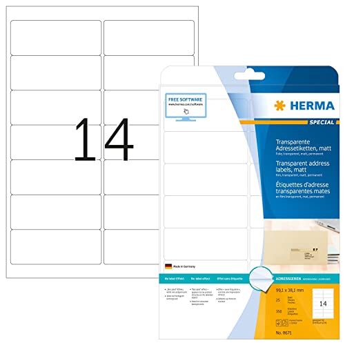 HERMA 8671 Wetterfeste Folienetiketten transparent, 800 Blatt, 99,1 x 38,1 mm, 14 pro A4 Bogen, 11200 Stück, selbstklebend, bedruckbar, matt, blanko Klebeetiketten Aufkleber aus Folie, durchsichtig HERMA 8671 Wetterfeste Folienetiketten transparent, 800 Blatt, 99,1 x 38,1 mm, 14 pro A4 Bogen, 11200 Stück, selbstklebend, bedruckbar, matt, blanko Klebeetiketten Aufkleber aus Folie, durchsichtig von HERMA