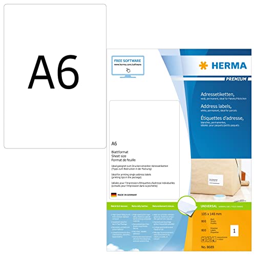 HERMA 8689 Universal Etiketten, 6400 Blatt, 105 x 148 mm, 1 pro A6 Bogen, 6400 Stück, selbstklebend, bedruckbar, matt, blanko Papier Klebeetiketten Aufkleber, weiß von HERMA