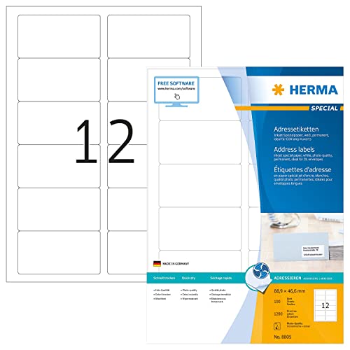 HERMA 8805 Adressetiketten für Inkjet Drucker, 1400 Blatt, 88,9 x 46,6 mm, 12 pro A4 Bogen, 16800 Stück, selbstklebend, bedruckbar, matt, blanko Adressaufkleber Etiketten für Tintenstrahldrucker, weiß HERMA 8805 Adressetiketten für Inkjet Drucker, 1400 Blatt, 88,9 x 46,6 mm, 12 pro A4 Bogen, 16800 Stück, selbstklebend, bedruckbar, matt, blanko Adressaufkleber Etiketten für Tintenstrahldrucker, weiß von HERMA