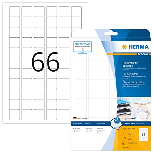 HERMA 8831 Universal Etiketten für Inkjet Drucker, 25 Blatt, 25,4 x 25,4 mm, 66 pro A4 Bogen, 1650 Stück, selbstklebend, bedruckbar, matt, blanko Klebeetiketten Aufkleber für Tintenstrahldrucker, weiß von HERMA