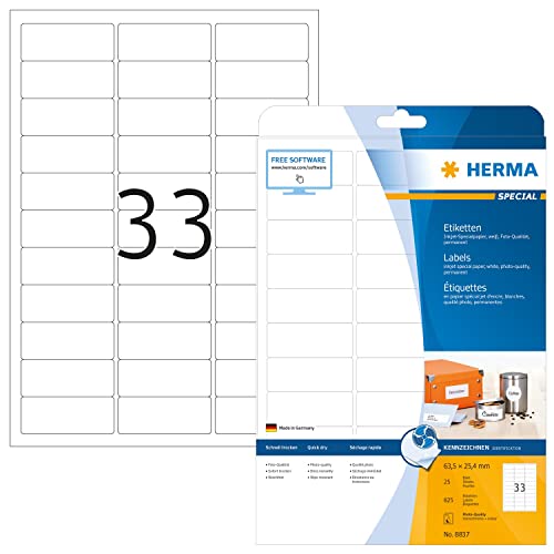 HERMA 8837 Universal Etiketten für Inkjet Drucker, 25 Blatt, 63,5 x 25,4 mm, 33 pro A4 Bogen, 825 Stück, selbstklebend, bedruckbar, matt, blanko Klebeetiketten Aufkleber für Tintenstrahldrucker, weiß von HERMA
