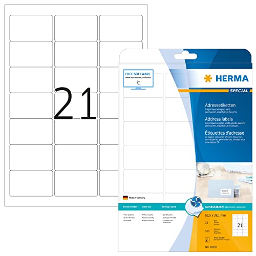 HERMA 8838 Adressetiketten für Inkjet Drucker, 800 Blatt, 63,5 x 38,1 mm, 21 pro A4 Bogen, 16800 Stück, selbstklebend, bedruckbar, matt, blanko Adressaufkleber Etiketten für Tintenstrahldrucker, weiß HERMA 8838 Adressetiketten für Inkjet Drucker, 800 Blatt, 63,5 x 38,1 mm, 21 pro A4 Bogen, 16800 Stück, selbstklebend, bedruckbar, matt, blanko Adressaufkleber Etiketten für Tintenstrahldrucker, weiß von HERMA