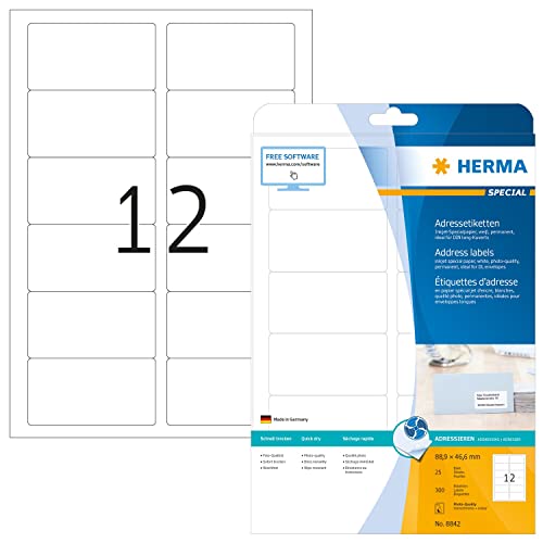 HERMA 8842 Adressetiketten für Inkjet Drucker, 800 Blatt, 88,9 x 46,6 mm, 12 pro A4 Bogen, 9600 Stück, selbstklebend, bedruckbar, matt, blanko Adressaufkleber Etiketten für Tintenstrahldrucker, weiß HERMA 8842 Adressetiketten für Inkjet Drucker, 800 Blatt, 88,9 x 46,6 mm, 12 pro A4 Bogen, 9600 Stück, selbstklebend, bedruckbar, matt, blanko Adressaufkleber Etiketten für Tintenstrahldrucker, weiß von HERMA