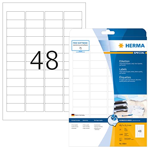 HERMA 8864 Universal Etiketten für Inkjet Drucker, 800 Blatt, 45,7 x 21,2 mm, 48 pro A4 Bogen, 38400 Stück, selbstklebend, bedruckbar, matt blanko Klebeetiketten Aufkleber für Tintenstrahldrucker weiß von HERMA