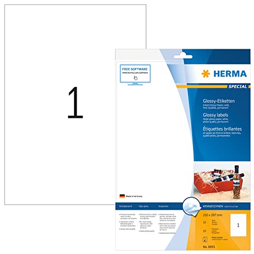 HERMA 8895 Hochglanz Etiketten für Inkjet Drucker, 10 Blatt, 210 x 297 mm, 1 pro A4 Bogen, 10 Stück, selbstklebend, bedruckbar, glänzend, blanko Klebeetiketten Aufkleber für Tintenstrahldrucker, weiß von HERMA