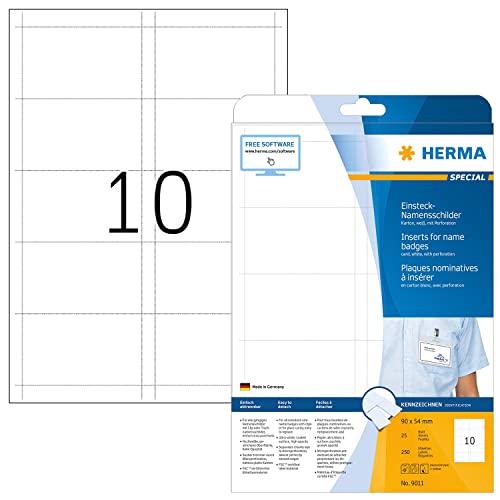 HERMA 9011 Namensschilder für Kleidung perforiert, 25 Blatt, 90 x 54 mm, 10 pro A4 Bogen, 250 Stück, bedruckbar, nicht klebende Karton Einsteckkarten mit Perforation, weiß von HERMA