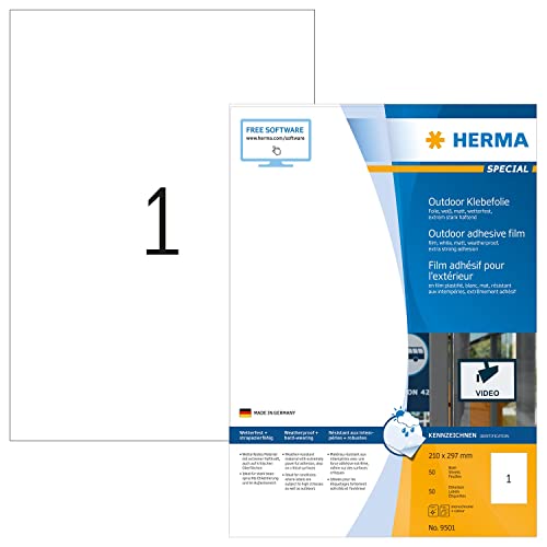 HERMA 9501 Wetterfeste Folienetiketten, 700 Blatt, 210 x 297 mm, 1 pro A4 Bogen, 700 Stück, selbstklebend, bedruckbar, matt, blanko Outdoor Klebeetiketten Aufkleber aus Polyethylen, weiß von HERMA