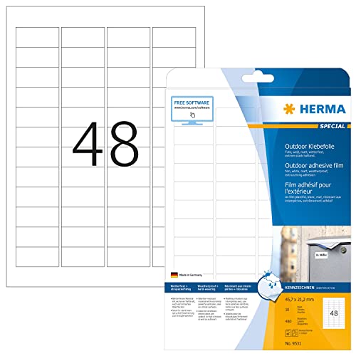 HERMA 9531 Wetterfeste Folienetiketten, 320 Blatt, 45,7 x 21,2 mm, 48 pro A4 Bogen, 15360 Stück, selbstklebend, bedruckbar, matt, blanko Outdoor Klebeetiketten Aufkleber aus Polyethylen, weiß HERMA 9531 Wetterfeste Folienetiketten, 320 Blatt, 45,7 x 21,2 mm, 48 pro A4 Bogen, 15360 Stück, selbstklebend, bedruckbar, matt, blanko Outdoor Klebeetiketten Aufkleber aus Polyethylen, weiß von HERMA