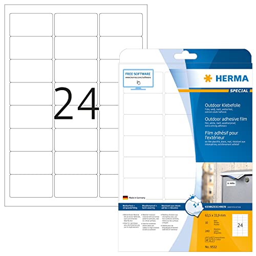 HERMA 9532 Wetterfeste Folienetiketten, 10 Blatt, 63,5 x 33,9 mm, 24 pro A4 Bogen, 240 Stück, selbstklebend, bedruckbar, matt, blanko Outdoor Klebeetiketten Aufkleber aus Polyethylen, weiß von HERMA