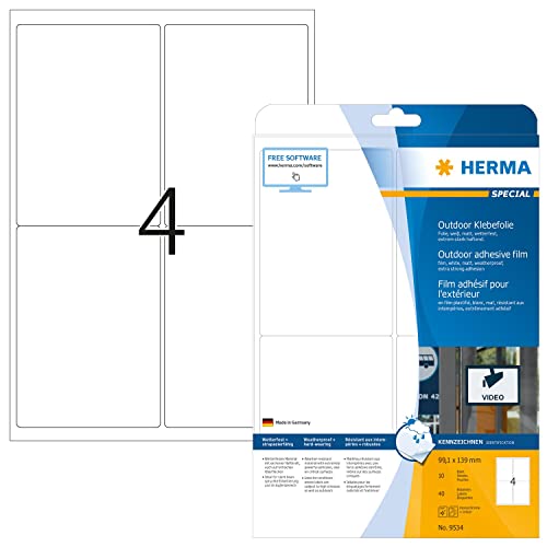 HERMA 9534 Wetterfeste Folienetiketten, 10 Blatt, 99,1 x 139 mm, 4 pro A4 Bogen, 40 Stück, selbstklebend, bedruckbar, matt, blanko Outdoor Klebeetiketten Aufkleber aus Polyethylen, weiß von HERMA