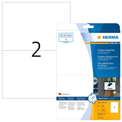 HERMA 9535 Wetterfeste Folienetiketten, 10 Blatt, 210 x 148 mm, 2 pro A4 Bogen, 20 Stück, selbstklebend, bedruckbar, matt, blanko Outdoor Klebeetiketten Aufkleber aus Polyethylen, weiß von HERMA