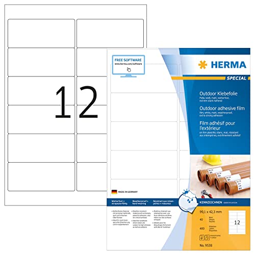 HERMA 9538 Wetterfeste Folienetiketten, 560 Blatt, 99,1 x 42,3 mm, 12 pro A4 Bogen, 6720 Stück, selbstklebend, bedruckbar, matt, blanko Outdoor Klebeetiketten Aufkleber aus Polyethylen, weiß von HERMA