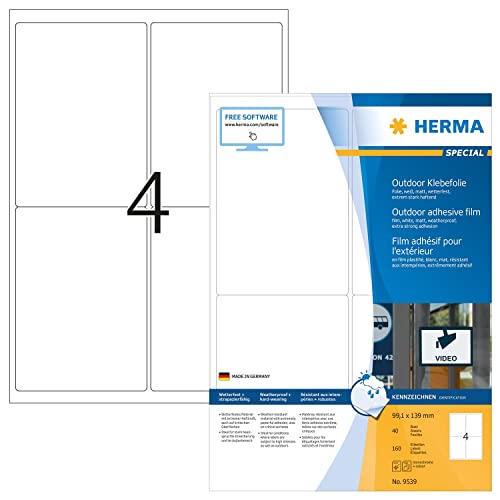 HERMA 9539 Wetterfeste Folienetiketten, 40 Blatt, 99,1 x 139 mm, 4 pro A4 Bogen, 160 Stück, selbstklebend, bedruckbar, matt, blanko Outdoor Klebeetiketten Aufkleber aus Polyethylen, weiß von HERMA