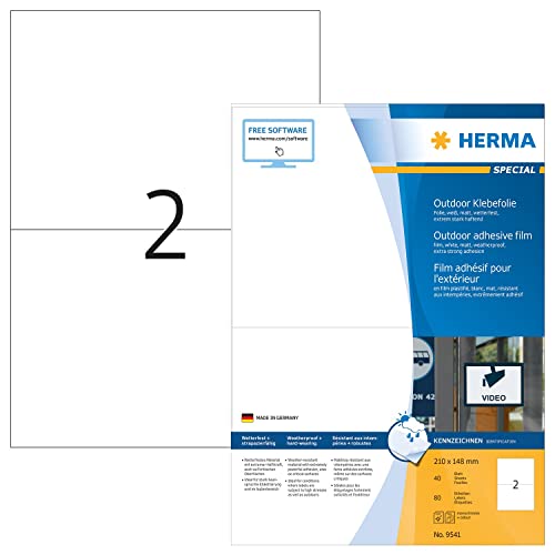 HERMA 9541 Wetterfeste Folienetiketten, 40 Blatt, 210 x 148 mm, 2 pro A4 Bogen, 80 Stück, selbstklebend, bedruckbar, matt, blanko Outdoor Klebeetiketten Aufkleber aus Polyethylen, weiß von HERMA