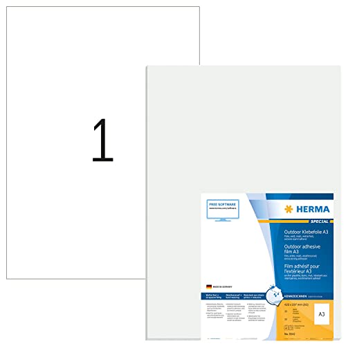 HERMA 9542 Wetterfeste Folienetiketten, 70 Blatt, 297 x 420 mm, 1 pro A3 Bogen, 70 Stück, selbstklebend, bedruckbar, matt, blanko Outdoor Klebeetiketten Aufkleber aus Polyethylen, weiß von HERMA